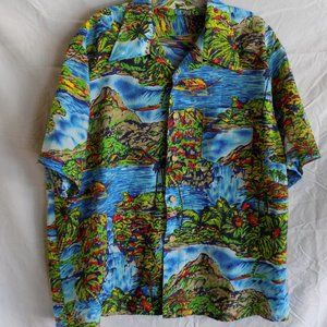 Vintage Royal Islander Hawaiian Shirt Aloha Blue Green XL Volcano Palms Korea